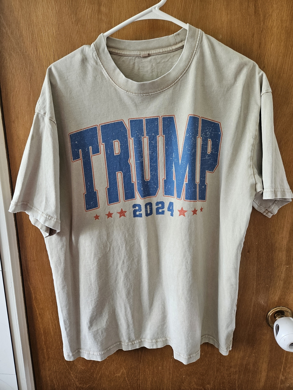 Vintage Beige Graphic Tee with Blue & Red Print